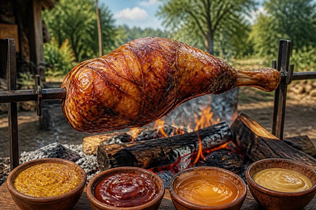 découvrez la recette du jambon à la broche cuit au feu de bois, accompagné de sauces gourmandes pour un repas savoureux et convivial.