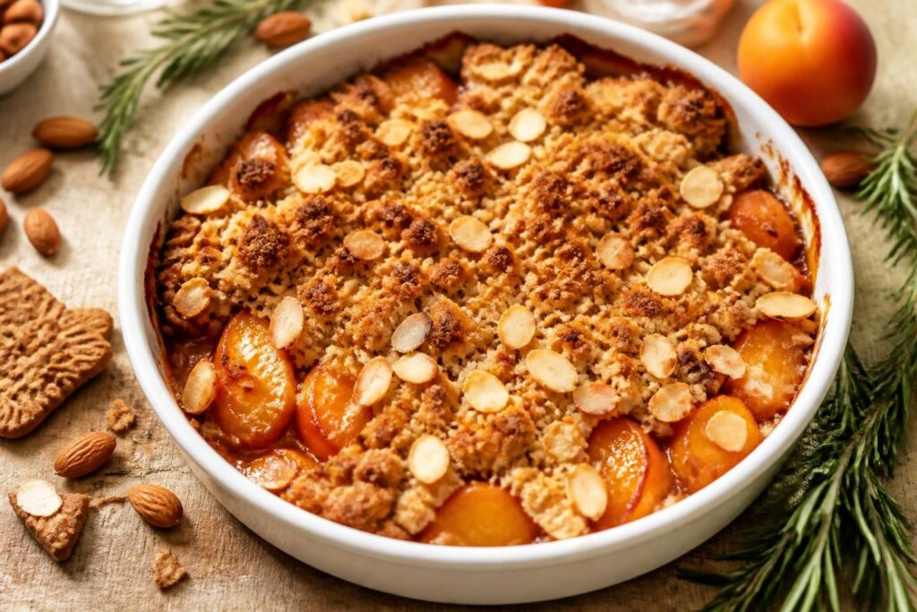 découvrez nos recettes gourmandes de crumble pêche abricot, sublimées avec des éclats d'amande, une touche de romarin ou des spéculoos croustillants pour des desserts irrésistibles.