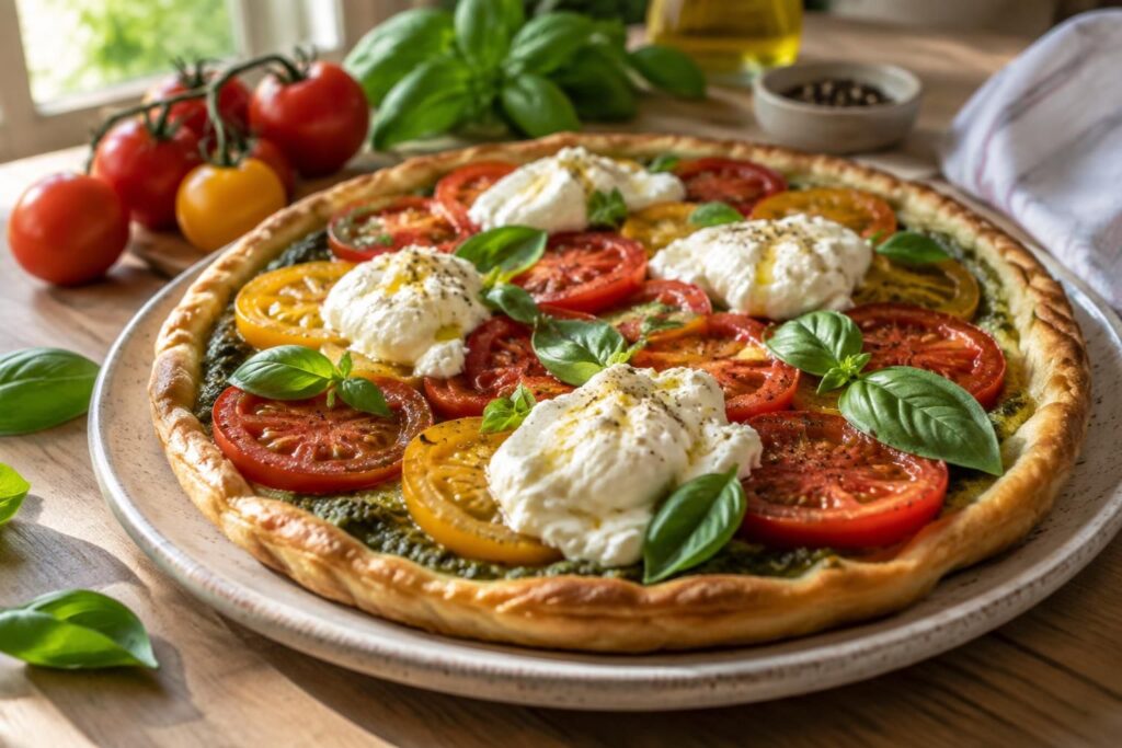 découvrez une délicieuse tarte tomate-pesto, à garnir de mozzarella, de burrata crémeuse ou de fromage de chèvre pour un repas savoureux et facile.