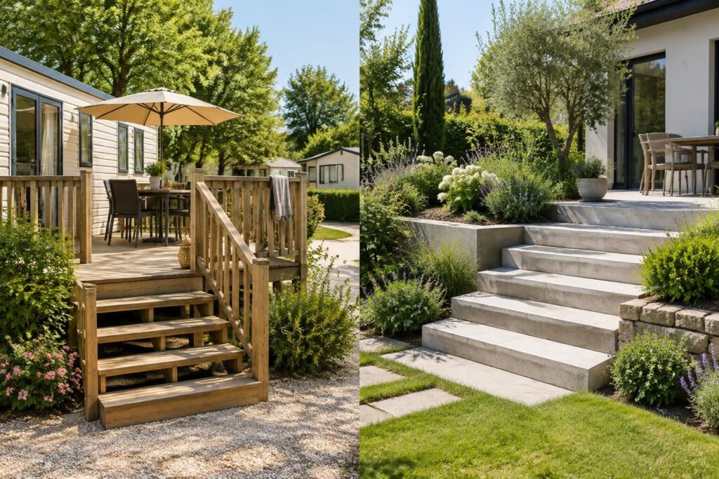 escalier de terrasse en bois ou béton : comparez les avantages, l’entretien et le coût pour choisir la solution adaptée à votre jardin ou mobil-home.
